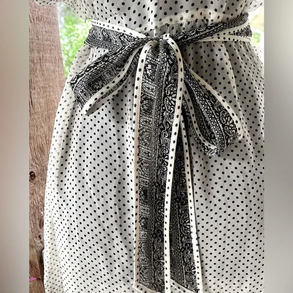 Vintage Adrianna Papell Silk Sheer Ivory & Black Polka Dot Flutter Sleeve Dress - Picture 8 of 12